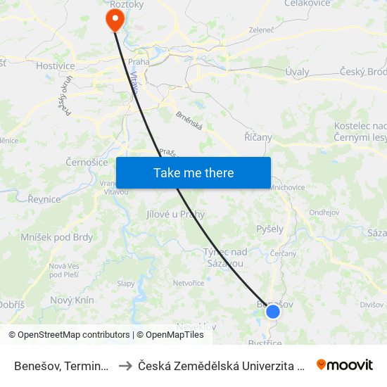 Benešov, Terminál to Česká Zemědělská Univerzita V Praze map