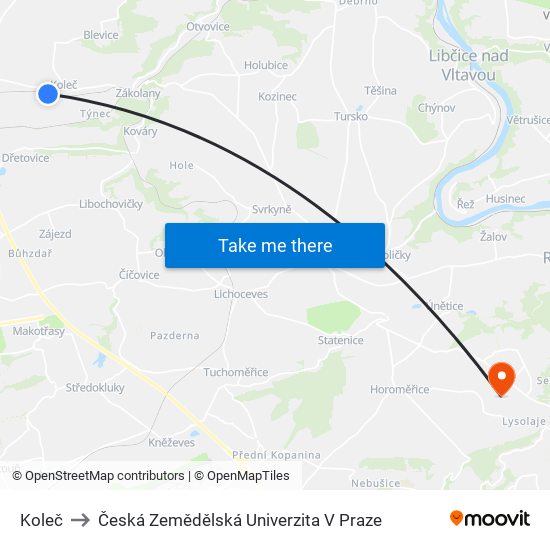 Koleč to Česká Zemědělská Univerzita V Praze map