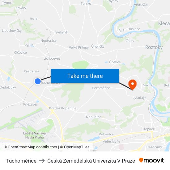 Tuchoměřice to Česká Zemědělská Univerzita V Praze map