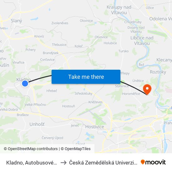 Kladno, Autobusové Nádraží to Česká Zemědělská Univerzita V Praze map