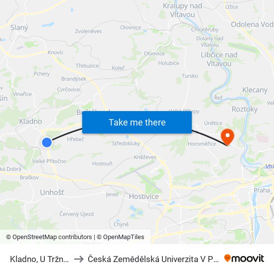 Kladno, U Tržnice to Česká Zemědělská Univerzita V Praze map