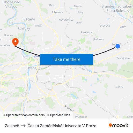 Zeleneč to Česká Zemědělská Univerzita V Praze map