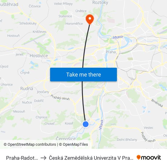 Praha-Radotín to Česká Zemědělská Univerzita V Praze map