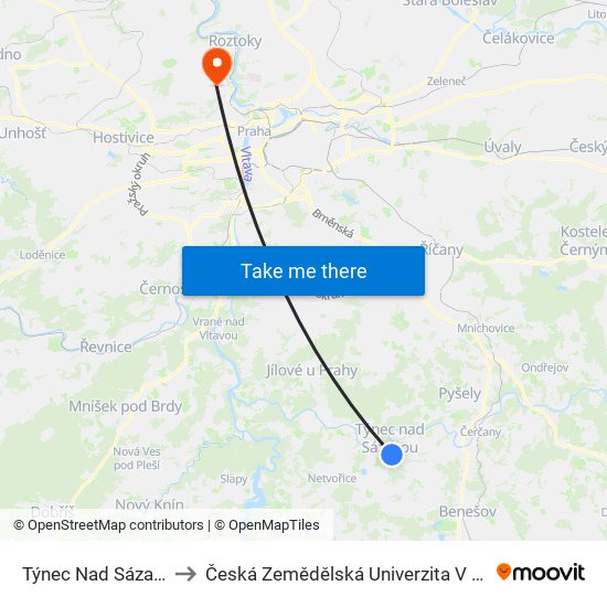 Týnec Nad Sázavou to Česká Zemědělská Univerzita V Praze map