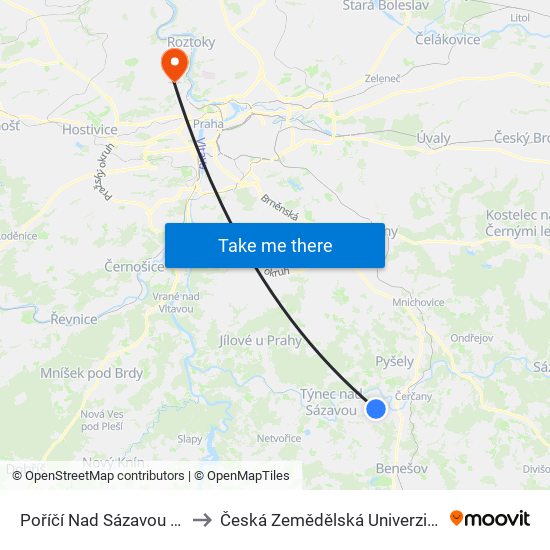 Poříčí Nad Sázavou - Svárov to Česká Zemědělská Univerzita V Praze map