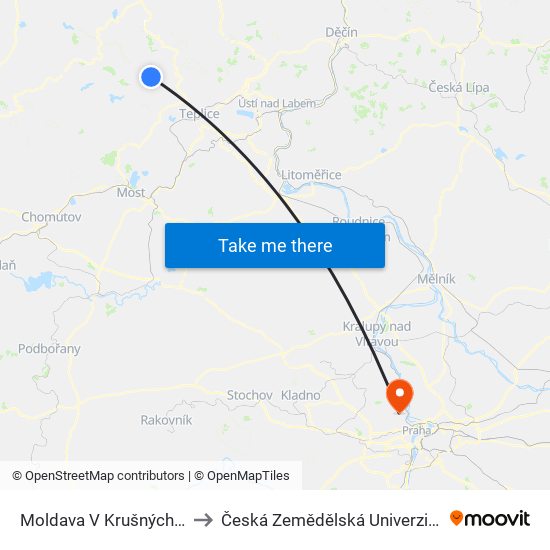 Moldava V Krušných Horách to Česká Zemědělská Univerzita V Praze map