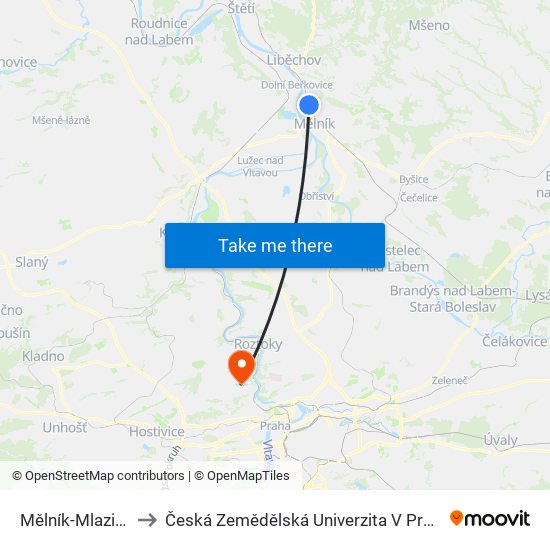 Mělník-Mlazice to Česká Zemědělská Univerzita V Praze map