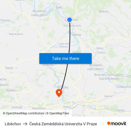 Liběchov to Česká Zemědělská Univerzita V Praze map