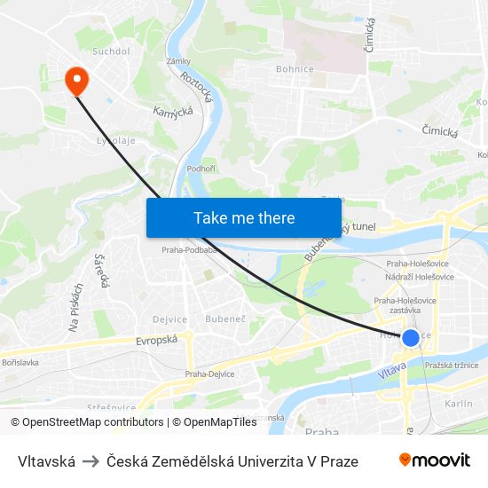 Vltavská to Česká Zemědělská Univerzita V Praze map