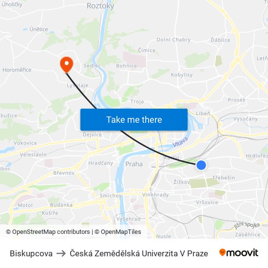 Biskupcova (A) to Česká Zemědělská Univerzita V Praze map