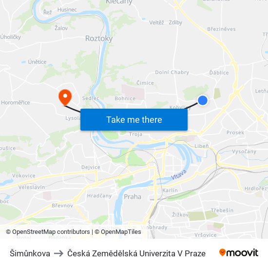 Šimůnkova to Česká Zemědělská Univerzita V Praze map