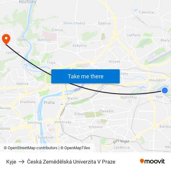 Kyje (B) to Česká Zemědělská Univerzita V Praze map