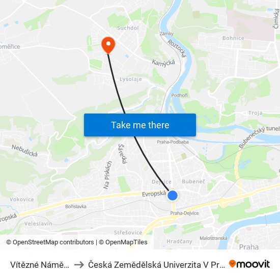 Vítězné Náměstí to Česká Zemědělská Univerzita V Praze map