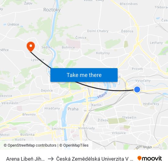 Arena Libeň Jih (A) to Česká Zemědělská Univerzita V Praze map
