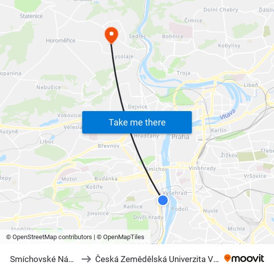 Smíchovské Nádraží to Česká Zemědělská Univerzita V Praze map