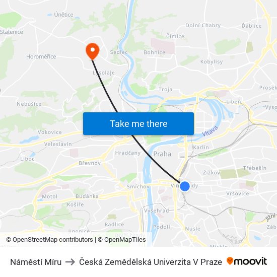 Náměstí Míru to Česká Zemědělská Univerzita V Praze map