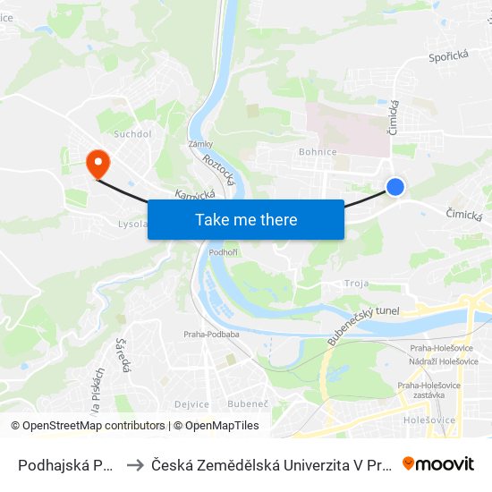 Podhajská Pole to Česká Zemědělská Univerzita V Praze map