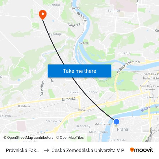 Právnická Fakulta (B) to Česká Zemědělská Univerzita V Praze map