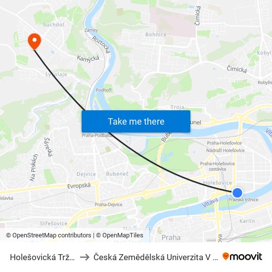 Holešovická Tržnice to Česká Zemědělská Univerzita V Praze map