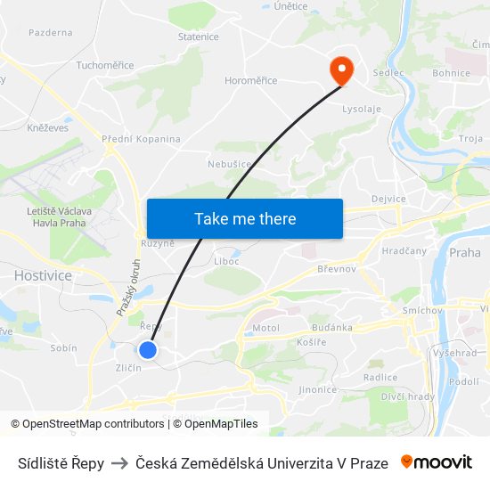 Sídliště Řepy to Česká Zemědělská Univerzita V Praze map