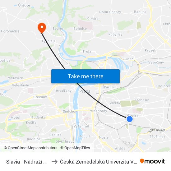 Slavia - Nádraží Eden to Česká Zemědělská Univerzita V Praze map
