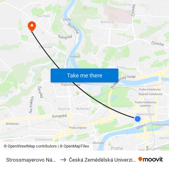 Strossmayerovo Náměstí (A) to Česká Zemědělská Univerzita V Praze map