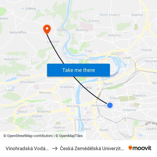 Vinohradská Vodárna to Česká Zemědělská Univerzita V Praze map