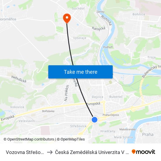 Vozovna Střešovice to Česká Zemědělská Univerzita V Praze map
