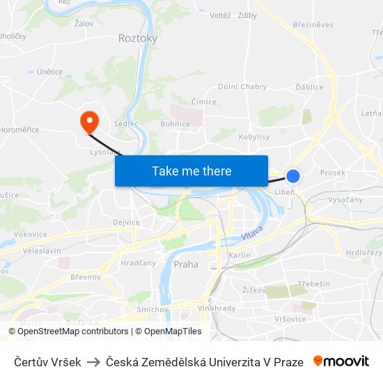 Čertův Vršek to Česká Zemědělská Univerzita V Praze map