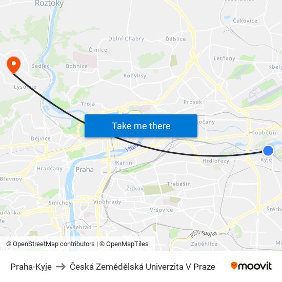 Praha-Kyje to Česká Zemědělská Univerzita V Praze map