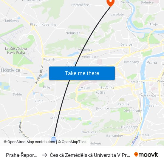 Praha-Řeporyje to Česká Zemědělská Univerzita V Praze map