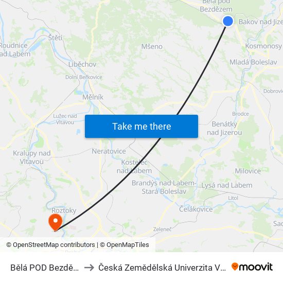 Bělá POD Bezdězem to Česká Zemědělská Univerzita V Praze map