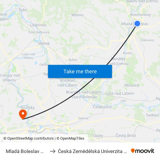 Mladá Boleslav Město to Česká Zemědělská Univerzita V Praze map