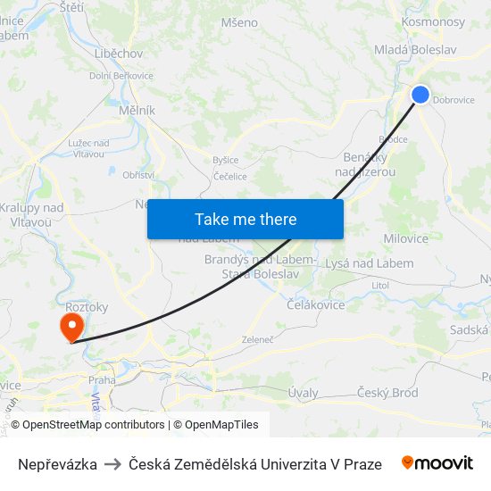 Nepřevázka to Česká Zemědělská Univerzita V Praze map