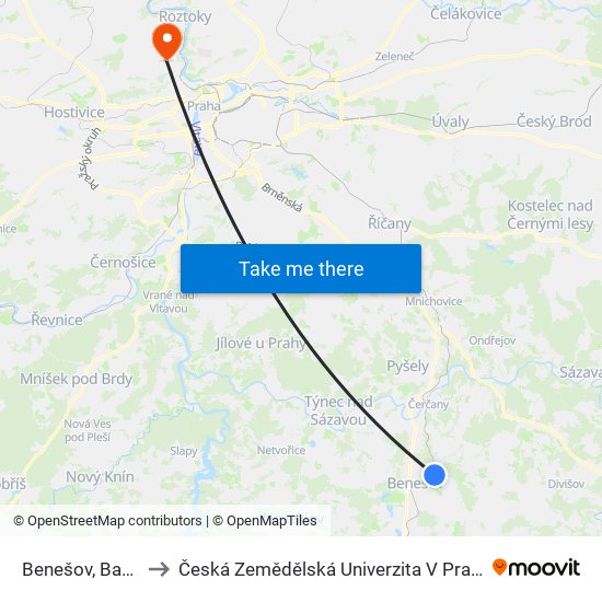 Benešov, Baba (A) to Česká Zemědělská Univerzita V Praze map