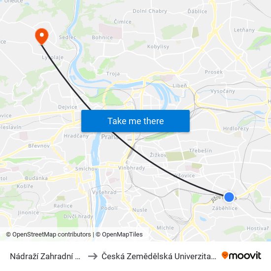 Nádraží Zahradní Město to Česká Zemědělská Univerzita V Praze map