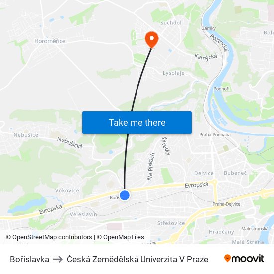 Bořislavka to Česká Zemědělská Univerzita V Praze map