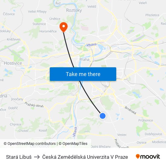 Stará Libuš to Česká Zemědělská Univerzita V Praze map