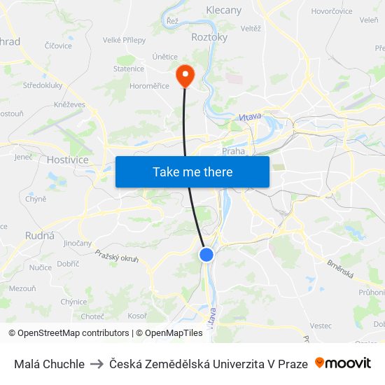 Malá Chuchle to Česká Zemědělská Univerzita V Praze map