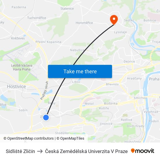 Sídliště Zličín to Česká Zemědělská Univerzita V Praze map