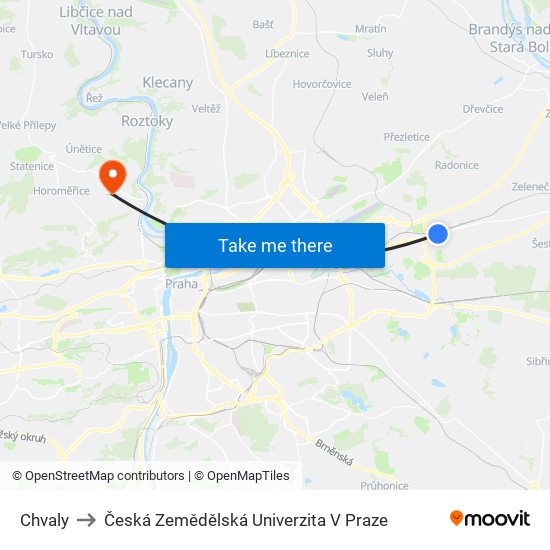 Chvaly to Česká Zemědělská Univerzita V Praze map