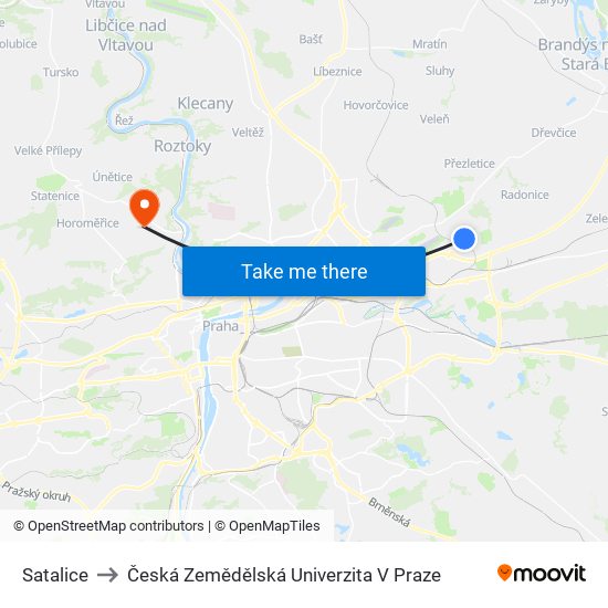Satalice to Česká Zemědělská Univerzita V Praze map