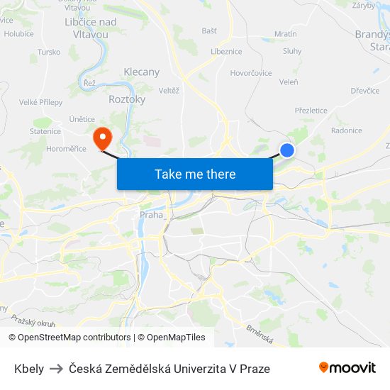 Kbely to Česká Zemědělská Univerzita V Praze map