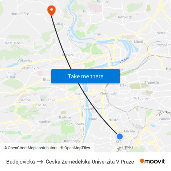 Budějovická to Česká Zemědělská Univerzita V Praze map