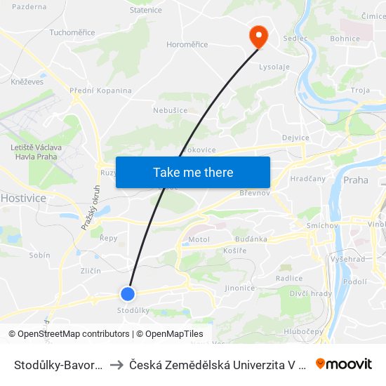 Stodůlky-Bavorská to Česká Zemědělská Univerzita V Praze map