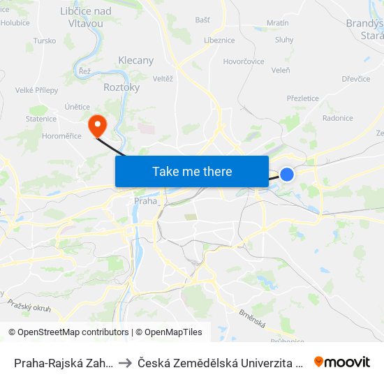 Praha-Rajská Zahrada to Česká Zemědělská Univerzita V Praze map