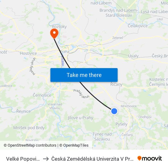 Velké Popovice to Česká Zemědělská Univerzita V Praze map