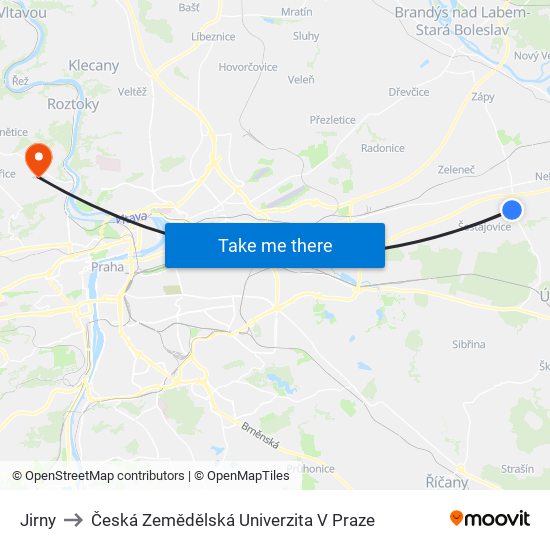 Jirny to Česká Zemědělská Univerzita V Praze map