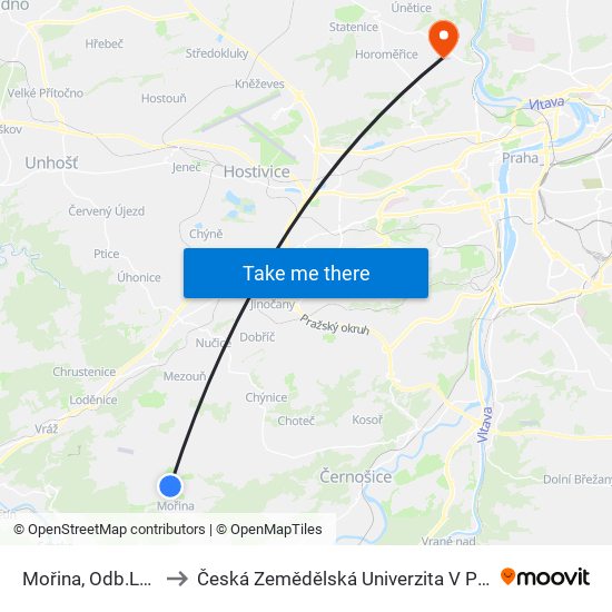 Mořina, Odb.Lom to Česká Zemědělská Univerzita V Praze map