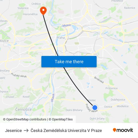 Jesenice to Česká Zemědělská Univerzita V Praze map